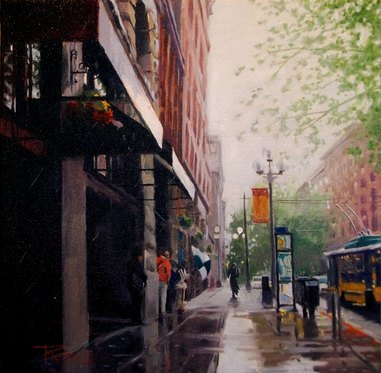 in plein air "Rain Walker" Seattle city oil painting