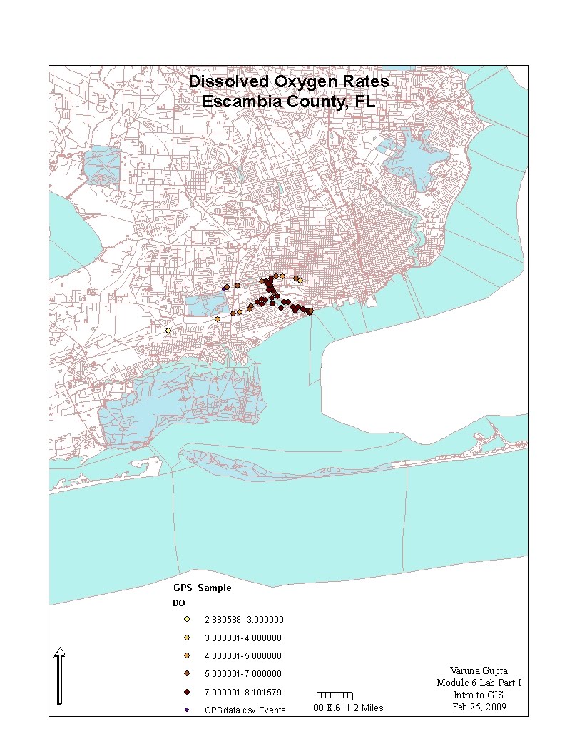 it is a graduated quantity map indicating the dissolved oxygen rates in escambia county florida the spatial data for the county and gps sample data points it is a graduated quantity map indicating the dissolved oxygen rates in escambia county florida the spatial data for the county and gps sample data points