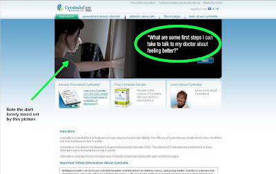 a dark mood is set by the advertisement. The reader is compelled to learn how to ask their doctor for a pill to make them happy.