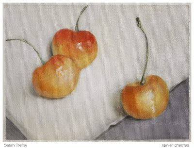 rainier cherries still life oil painting of rainier cherries by Sarah Trefny