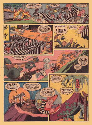 Comic book drawings of men in prison stripe uniforms and an erupting volcano are shown in this collector's comic book page from the golden age of comic books