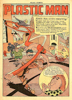 Plastic Man chases bank robbers in this vintage golden age cartoon comic book page by artist Alex Kotzky.