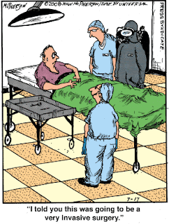 Patient on a table in the operation room, surgeon is by the table with a scuba diver next to him and is saying I told you this was going to be a very invasive surgery