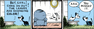Moochie yells into the house telling Earl the leaves are changing color and by the time Earl comes out, Moochie says ahh, you missed it.
