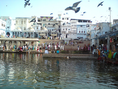 Devotees performing rites and rituals at the Ghats of Pushkar