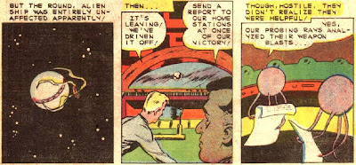 Note the adorable panel of tentacled aliens reading from sheets of paper. Also note the terrible editing ('though, hostile, they...' etc.).