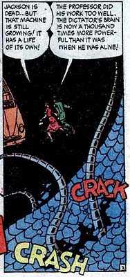 I'm not sure I buy 'crack' and 'crash' as being the sound effects of giant metal tentacles emerging from a tile roof.