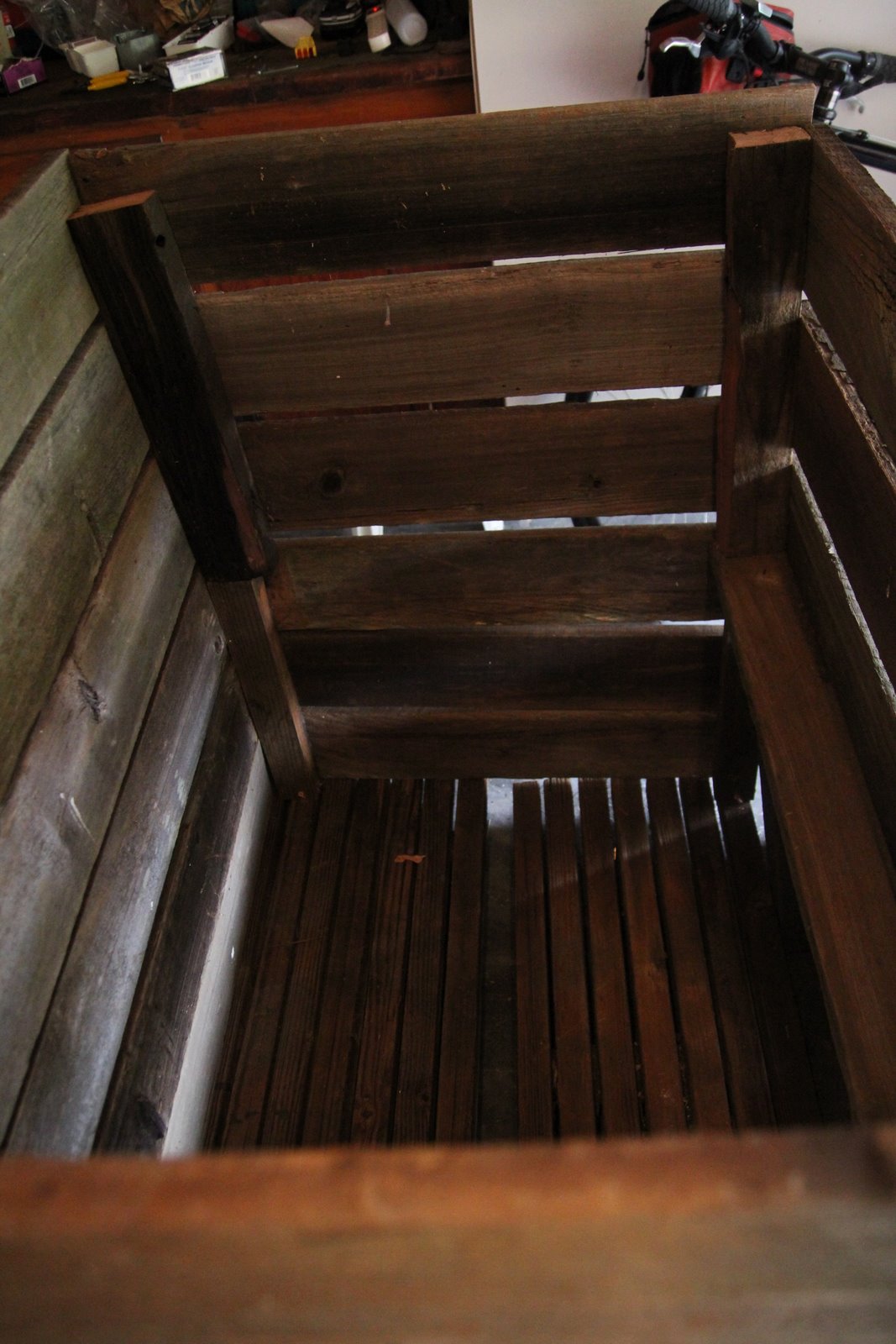 Nicolle's Originals Repurposed Wood into Compost Bin = Garage Project