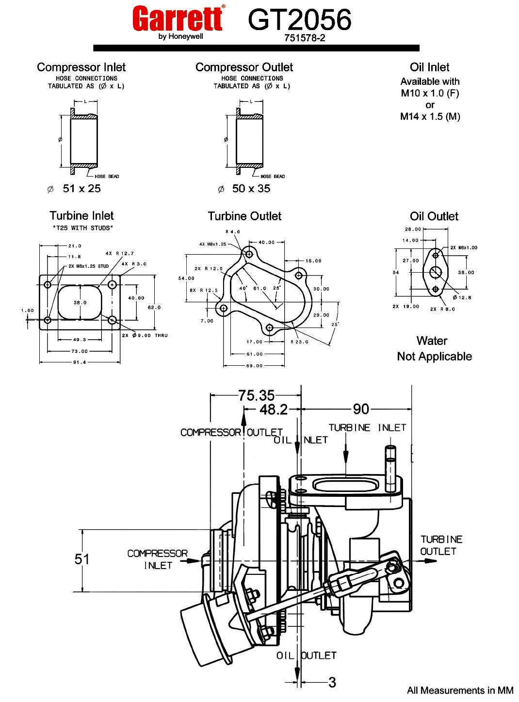 Turbocharger Specs Garrett GT20 GT2056 55 TRIM 260 HP