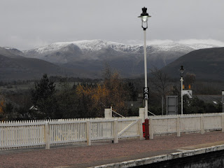 Snow-topped Cairngorms from Aviemore Station