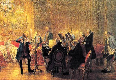 Federico II de Prusia toca la flauta, con Carl Philip Emanuel bach en el clave y Christian Benda en el violín