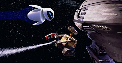 Wall-E using an extinguisher and Eve in the void of space near the spaceship.
