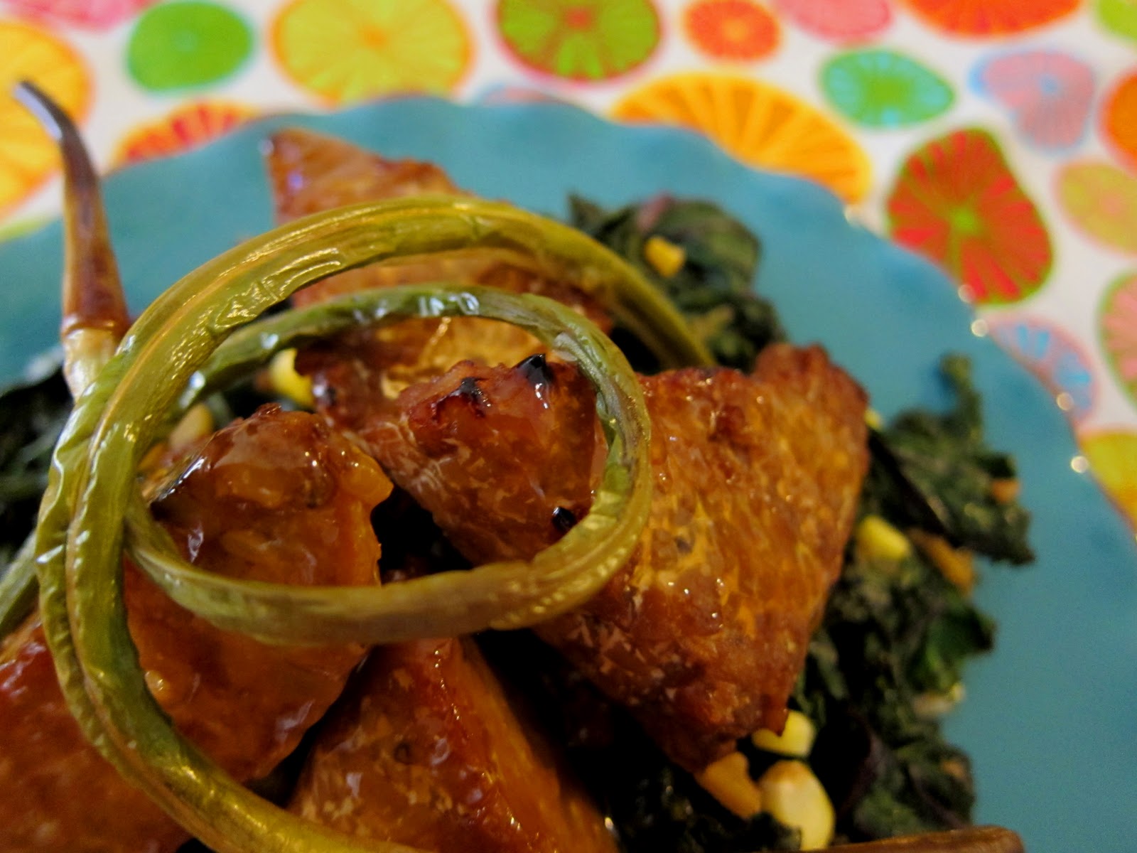 Garlic and Sea Salt Miso Tamari Tempeh with Citrus Sauce over Ginger