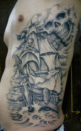 rib tattoo designs. Pirate Ship Rib Tattoo Design