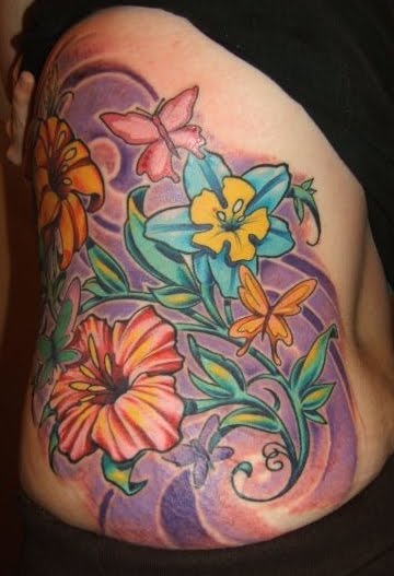 Flowers and Butterflies Tattoo on Side Torso