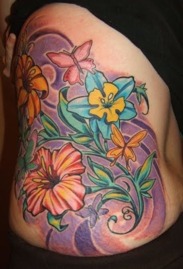Flowers and Butterflies Tattoo on Side Torso Flowers and Butterflies Tattoo on Side Torso