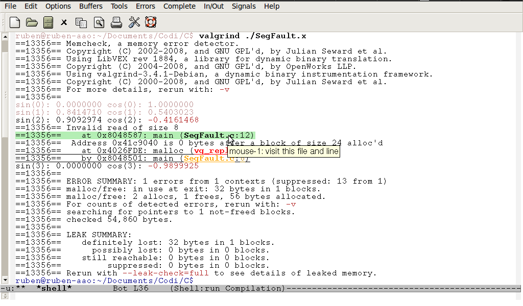 debugging with emacs valgrind valgrind invalid read of size 1