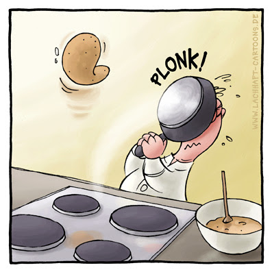 Pfannkuchen wenden kochen Koch Küche Mißgeschick dumm gelaufen  Cartoon Cartoons Witze witzig witzige lustige Bildwitze Bilderwitze Comic Zeichnungen lustig Karikatur Karikaturen Illustrationen Michael Mantel lachhaft Spaß Humor