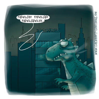 LACHHAFT Cartoon Handy Telefon Klingelton klingeln Anruf Ruhe City Godzilla Monster Dinosaurier T Rex  Cartoons Witze witzig witzige lustige Bildwitze Bilderwitze Comic Zeichnungen lustig Karikatur Karikaturen Illustrationen Michael Mantel Spaß Humor