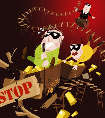 Michael Mantel für die Bilderwumme Illustratoren Corinna Hein Jahreskalender 2009 Banditen Goldraub Ausbruch Agent Verfolgungsjagd