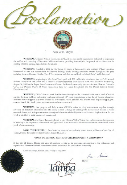 Proclamation from Mayor Pam Iorio for Children With a Vision, Inc.