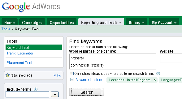 Google Adwords Keyword Tool