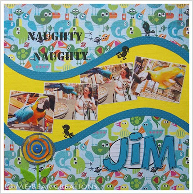 scrapbook, layout, parrot, papegaai, jim, basic grey, lime rickey, bg, naughty, bright colors, bright colours, felle kleuren, patchwork bloem, patchwork flower