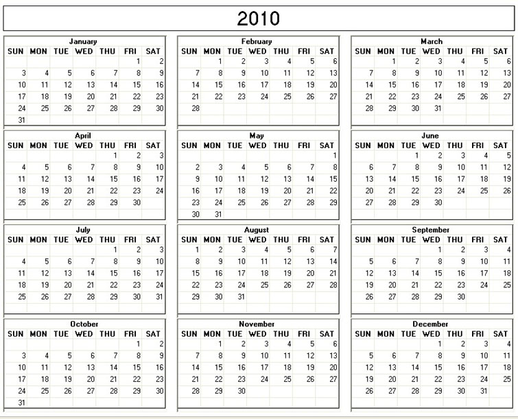 yearly calendar 2010