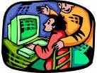 There is a green computer screen with 2 boys there, one with an orange shirt and one with a green shirt. All the colors are neon and the background is blue