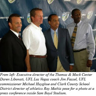 From left: Executive director of the Thomas & Mack Center Daren Libonati, UFL Las Vegas coach Jim Fassel, UFL commissioner Michael Huyghue and Clark County School District director of athletics Ray Mathis pose for a photo at a press conference inside Sam Boyd Stadium.