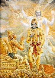 Arjuna kneeling before Lord Krishna
