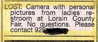 reall funny lost and found ad for camera with personal pictures discovered in restroom no questions asked