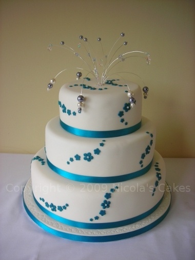 Teal Wedding Cakes With Ribbon Decoration