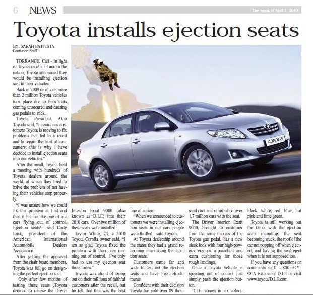 Sarah Battista Toyota Installs Ejection Seat (April Fool's Issue)