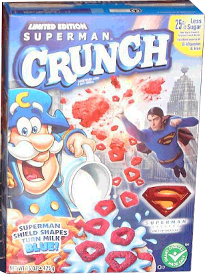 Superman, le héros pratiquement invincible dont la seule faiblesse est un minerai rare (que tous les méchants parviennent pourtant à se procurer facilement)... heureusement, il parvient généralement à surmonter cette faiblesse au prix d'un effort surhumain. WOW, TRÈS IMPRESSIONNANT DE LA PART D'UN SURHOMME ! Voilà un personnage auquel je m'identifie Super céréales