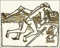 Lupo mannaro assale un cavaliere, xilografia medievale Lupo mannaro assale un cavaliere, xilografia medievale