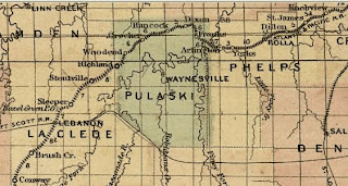 1872 Asher & Adams Railroad Map of Pulaski County, Missouri, showing the settlement of Woodend between Crocker and Richland.