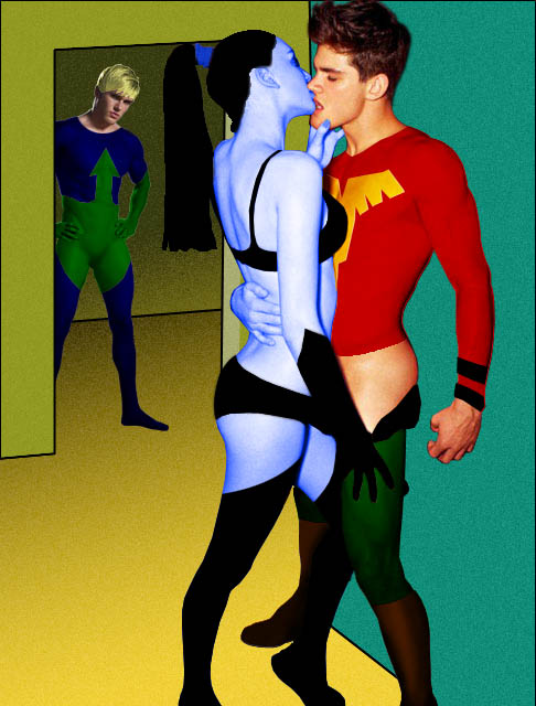 legion of superheroes - shadow lass and ultra boy making out as element lad watches - adam phebus ryan bertroche