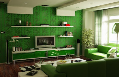 Luxury Living Room with Green and Classical Motifs
