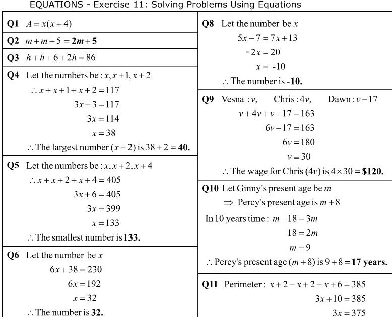 Answers Solving Problems With Equations