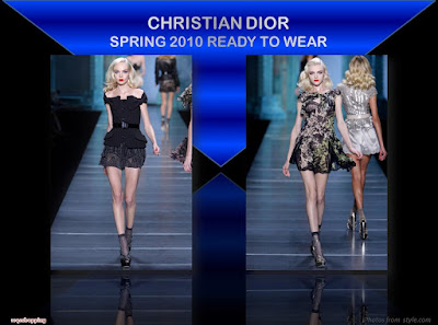 Christian Dior Spring 2010 Ready To Wear off-shoulder jacket and lace trim skirt, floral dress