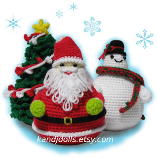 Amigurumi Christmas pattern with Snowman and Santa Claus. Click here to see all patterns on kandjdolls.etsy.com