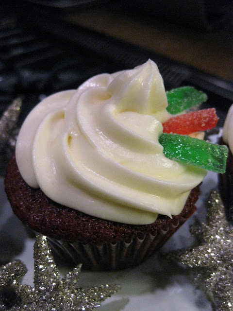 real red velvet cake recipe used to make red velvet cupcakes for christmas with authentic roux frosting and christmas decorations