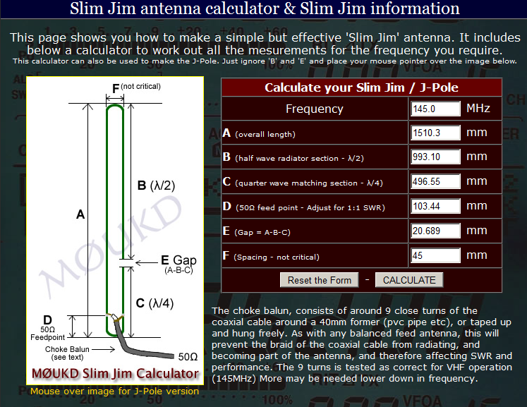 9M2PJU Slim Jim & JPole Antenna Calculator By M0UKD