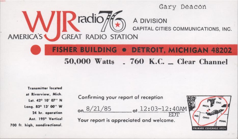 WJR on 760 kHz has been heard