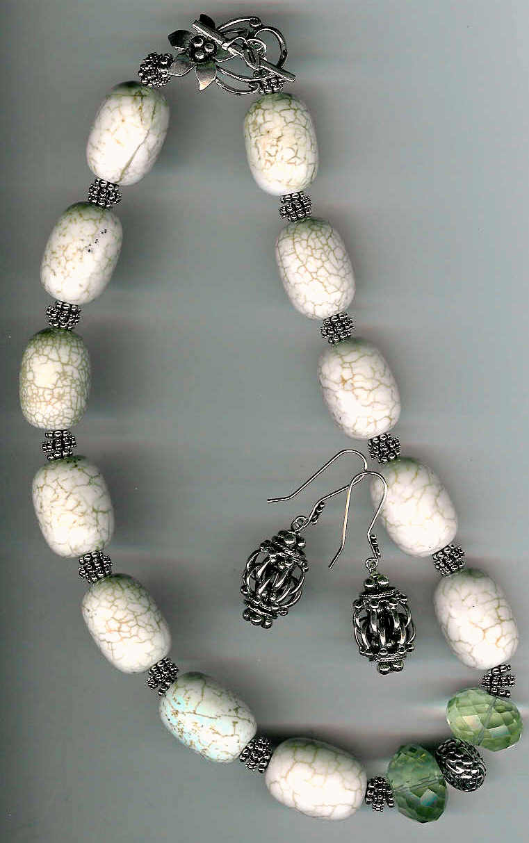 47. White Turquoise with Crystals and Bali Sterling Silver + Earrings