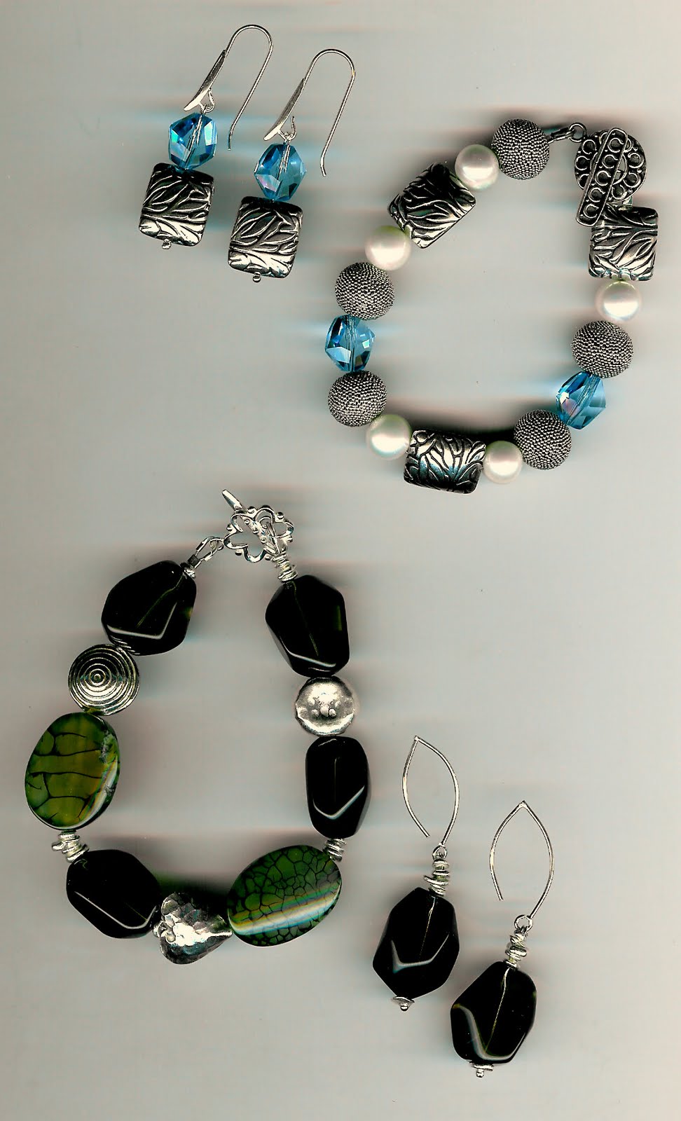 191. Blue Crystal, Akoya Pearls; Agate, Smokey Topaz with Bali or Thai Sterling Silver + Earrings