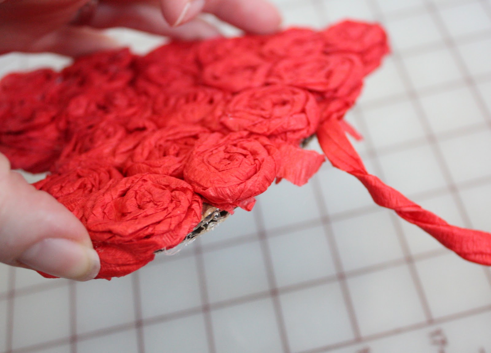 At Second Street crepe paper hanging hearts.