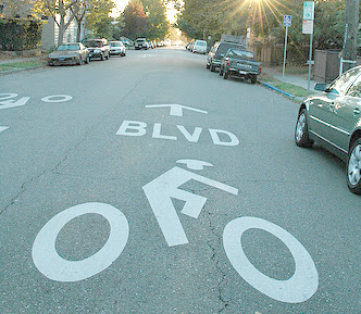 Image of bicycle boulevard pavement marking in Berkeley, California