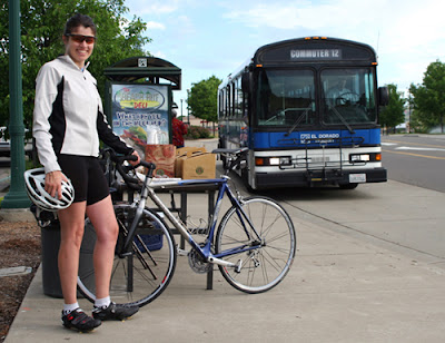 Image of bicyclist and bus with bike rack in Placer County, California